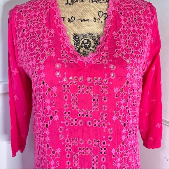 Johnny Was Pink Georgette Eyelet Embroidered Tunic Top - Picture 3 of 15